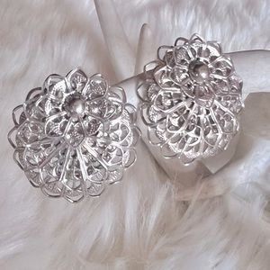 Antique Pewter Silver Tone Layered Filigree Clipon Earrings